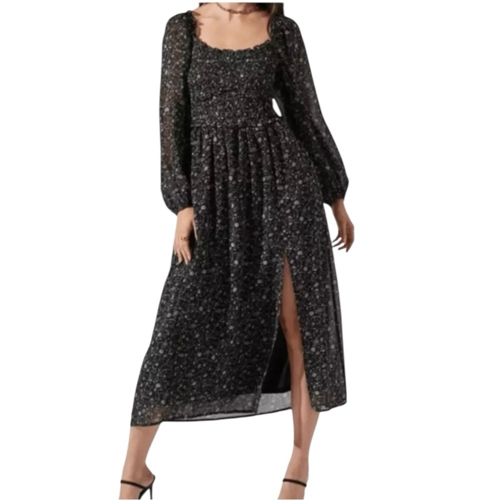 Astr The Label Women’s Black Purple Ditsy Floral Long Sleeve Midi Dress XS